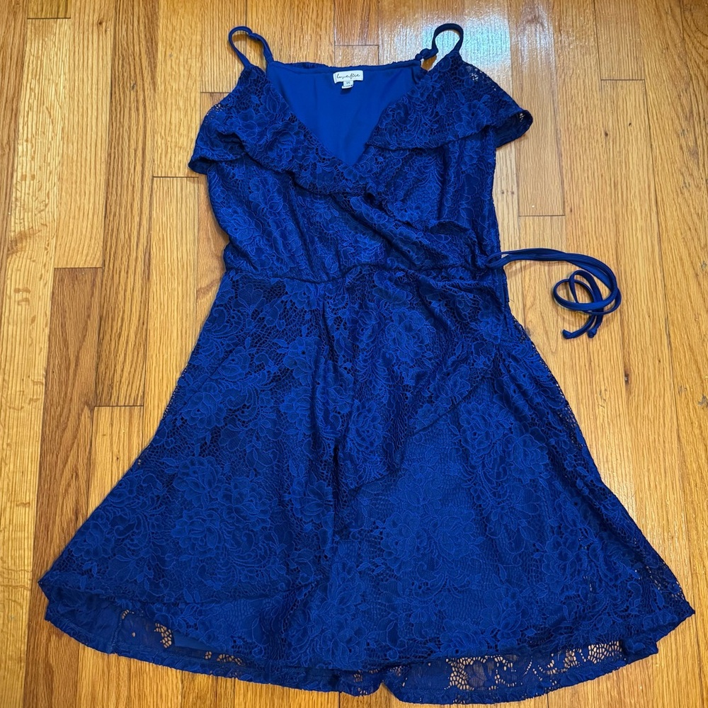 Love Fire Cobalt Blue Lace Wrap Dress LargeRuffled Knee Length Lace Women’s